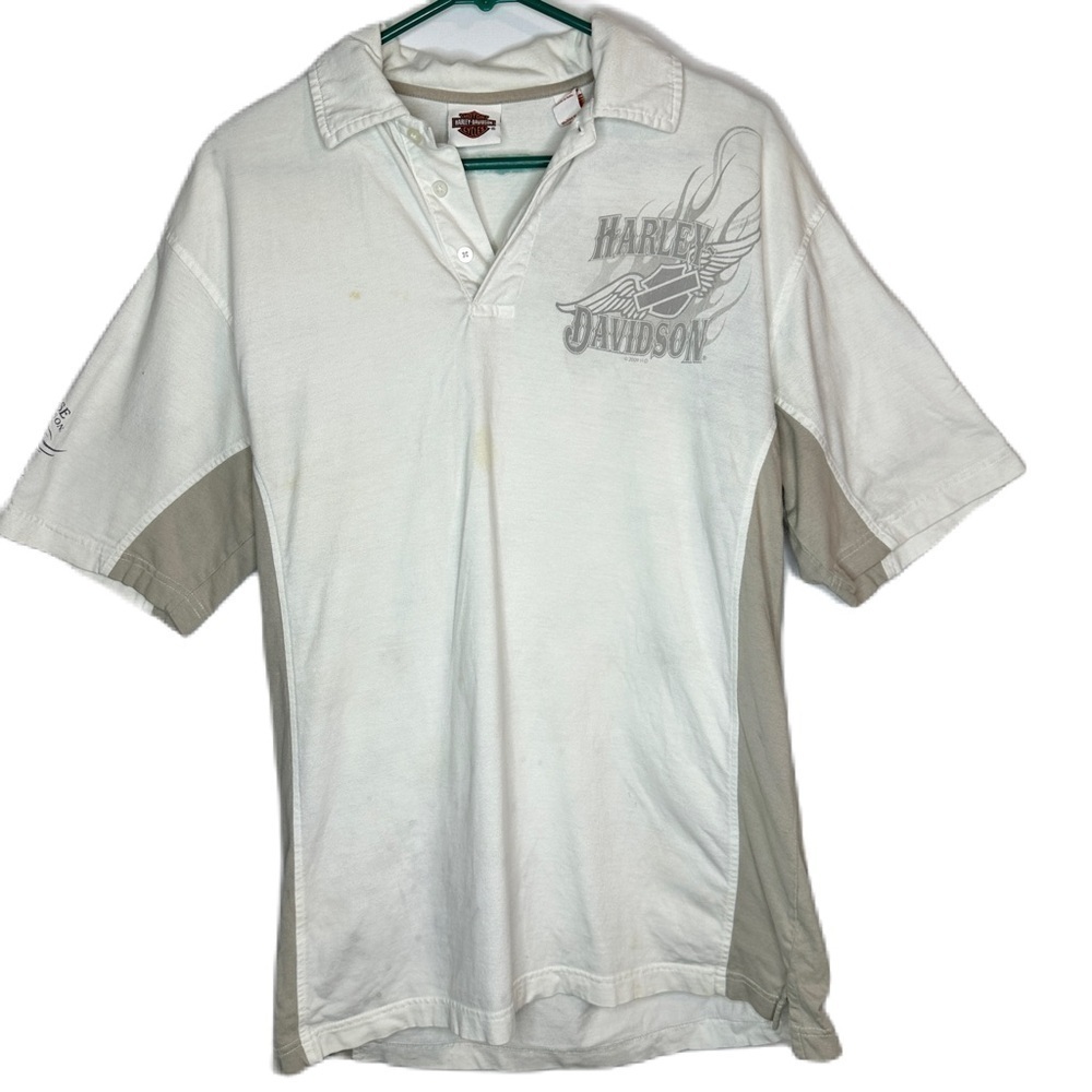 Harley Davidson Thrashed Collared Biker Motorcycle Shirt Cream Tan Logo Large